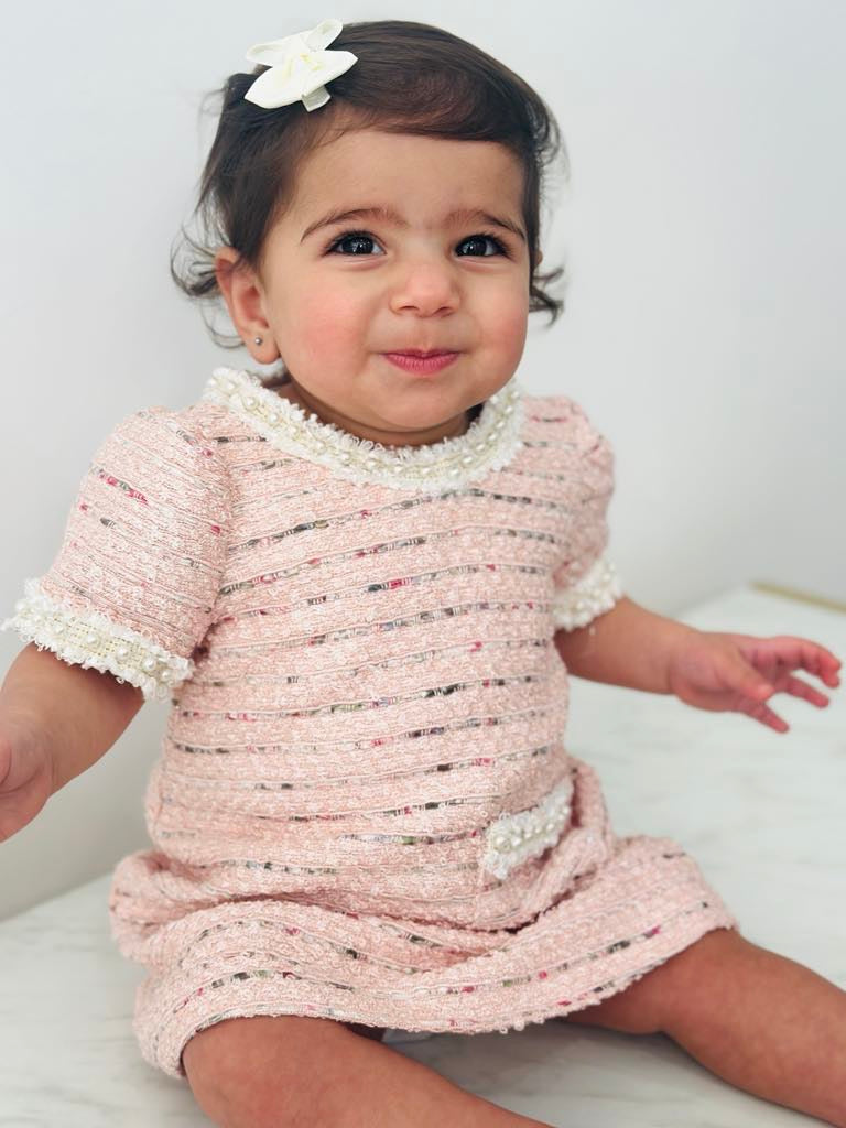 Chantal pink tweed Dress with matching headband