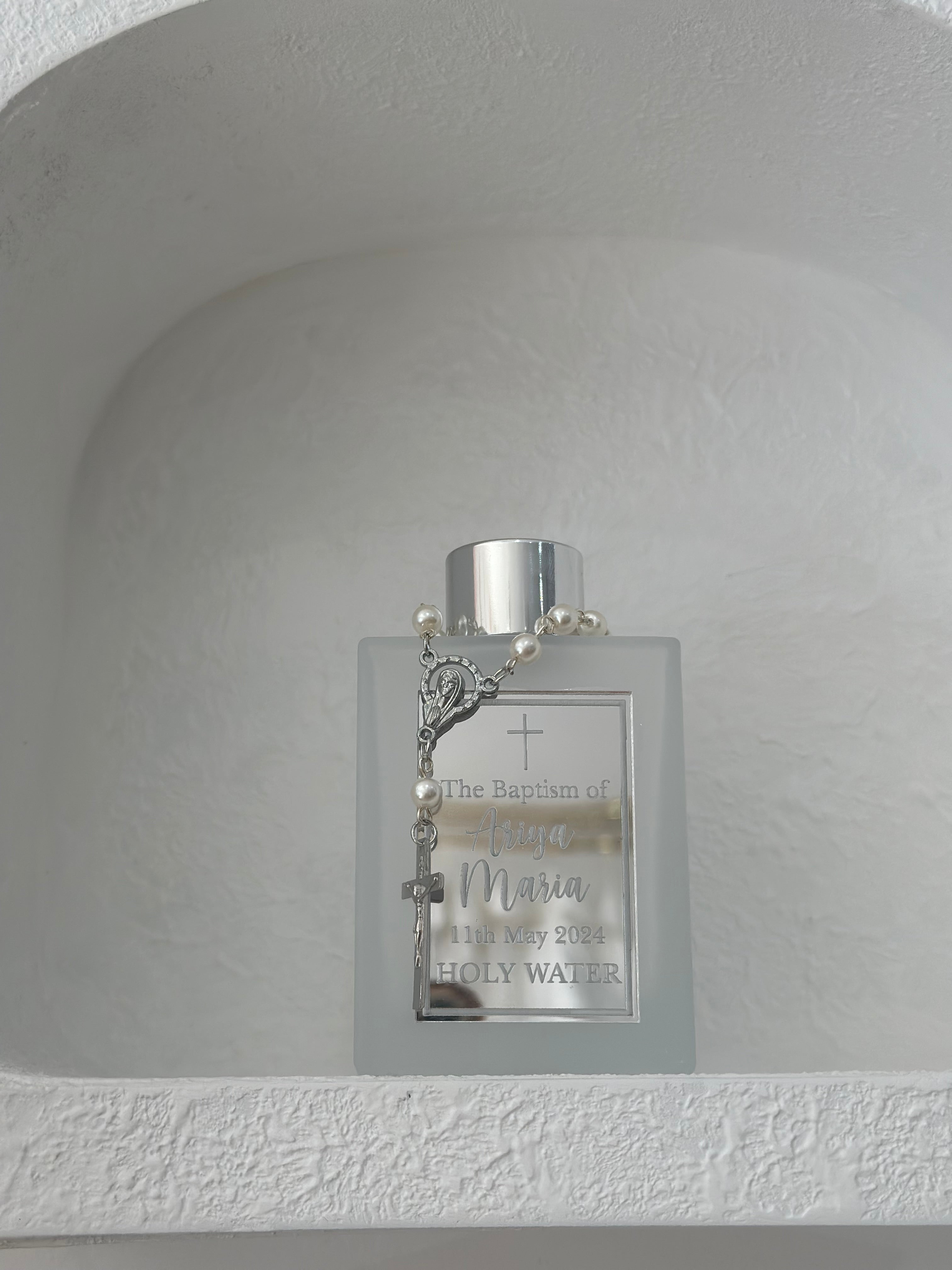 Frosted Square Holywater bottle with plaque and rosary
