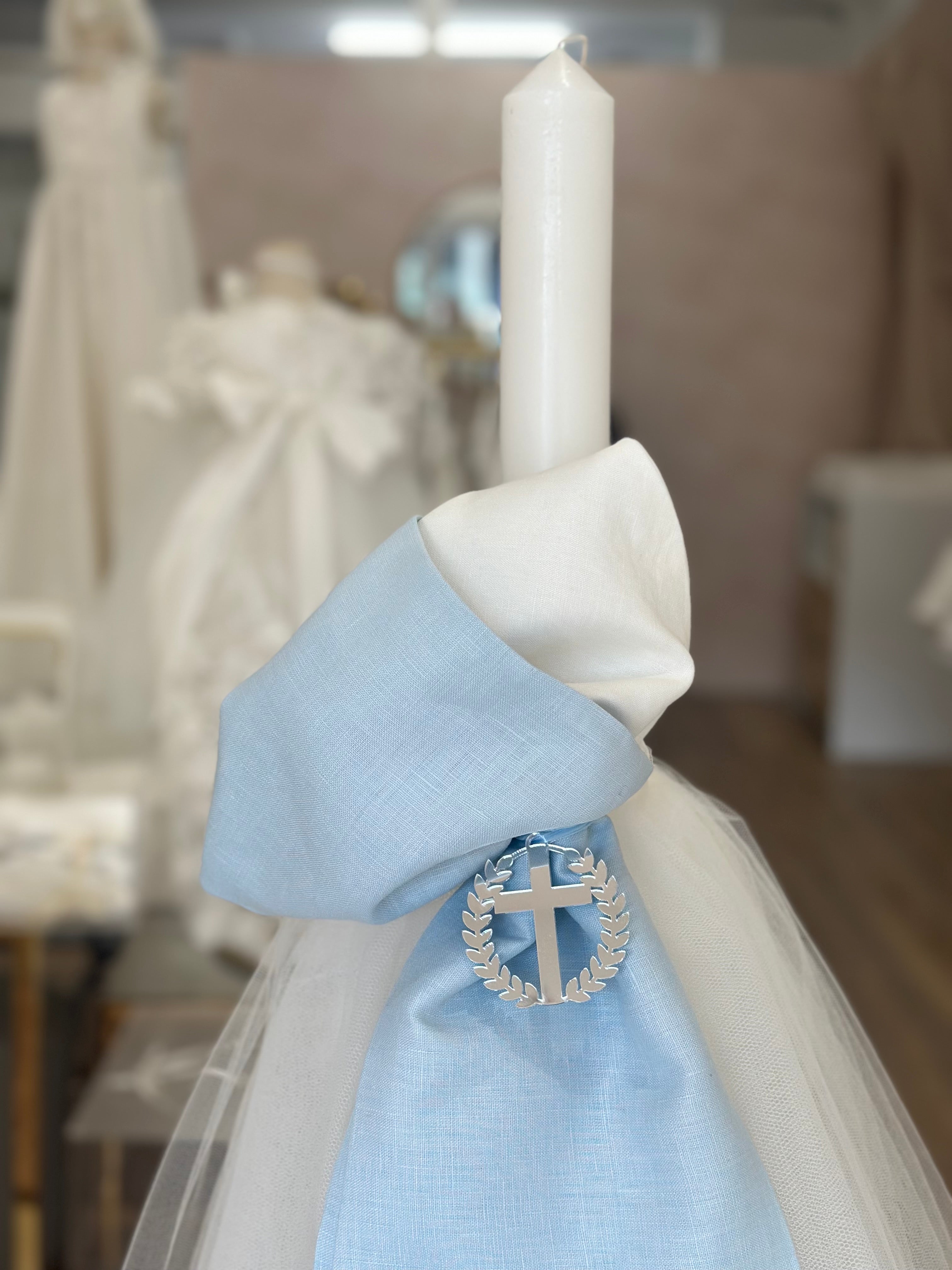 Niko Blue Linen Sash - Orthodox Candle with tulle and cross