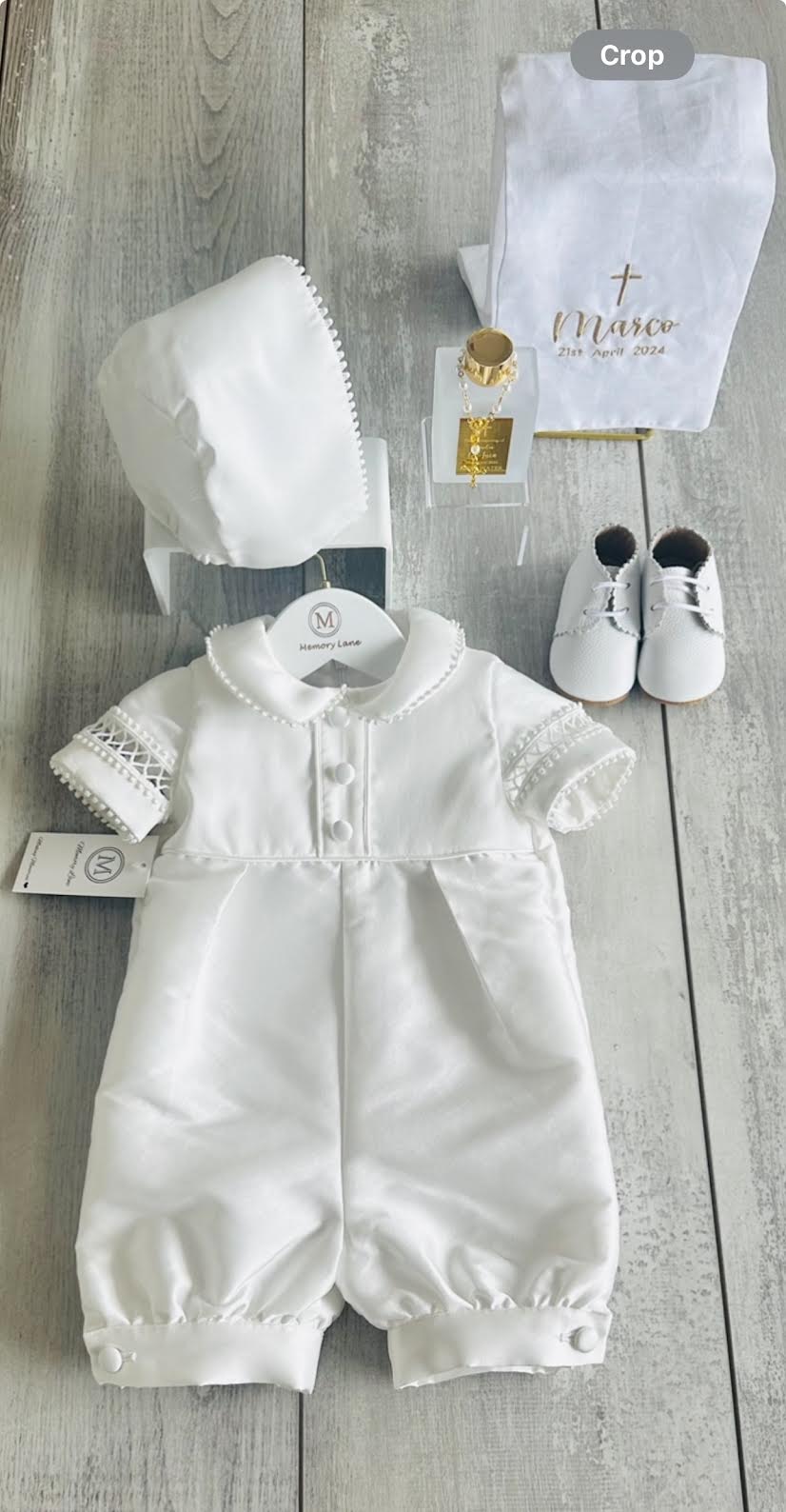 Mateo Mikado Romper with bonnet and Booties