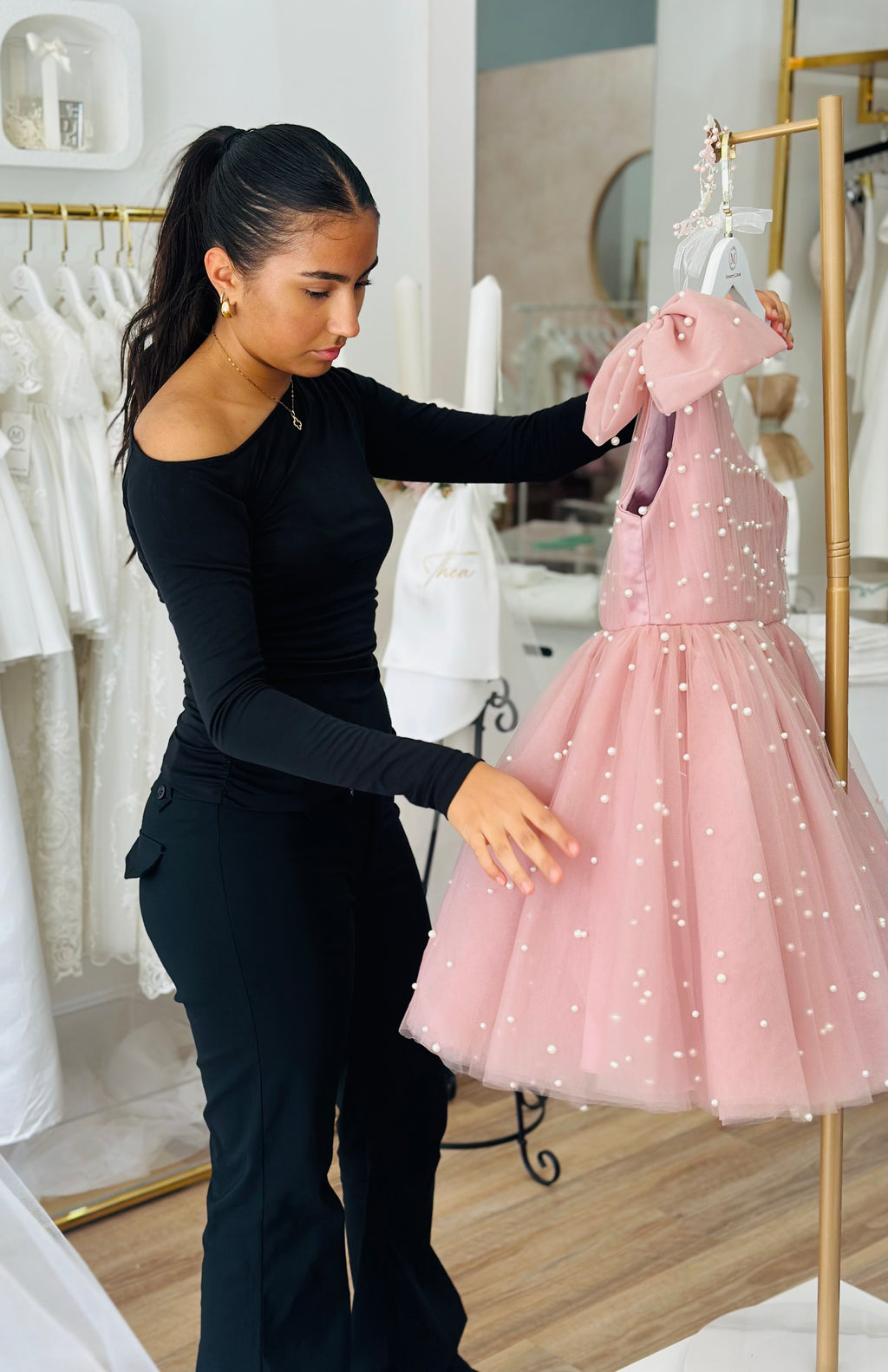 Leni One shoulder pearl tulle dress