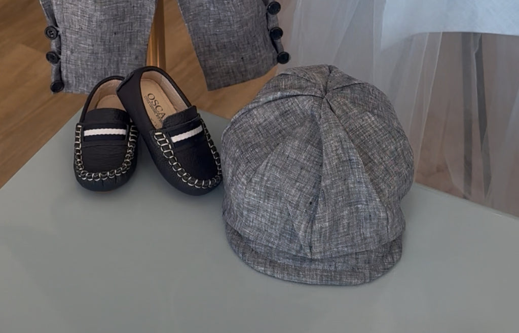 Arlo speckled navy linen set with hat