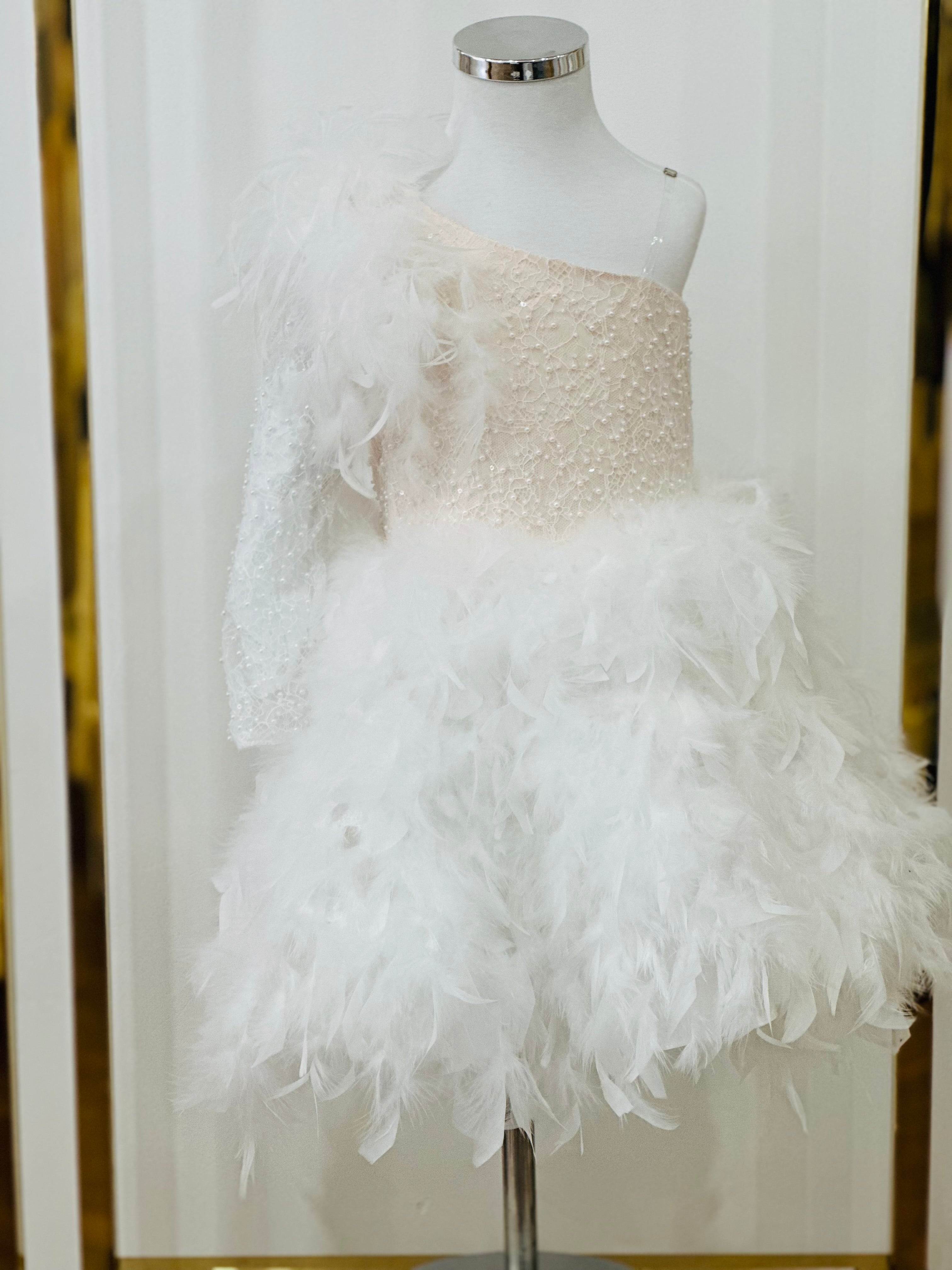 Carlota One shoulder sequin & feathered dress