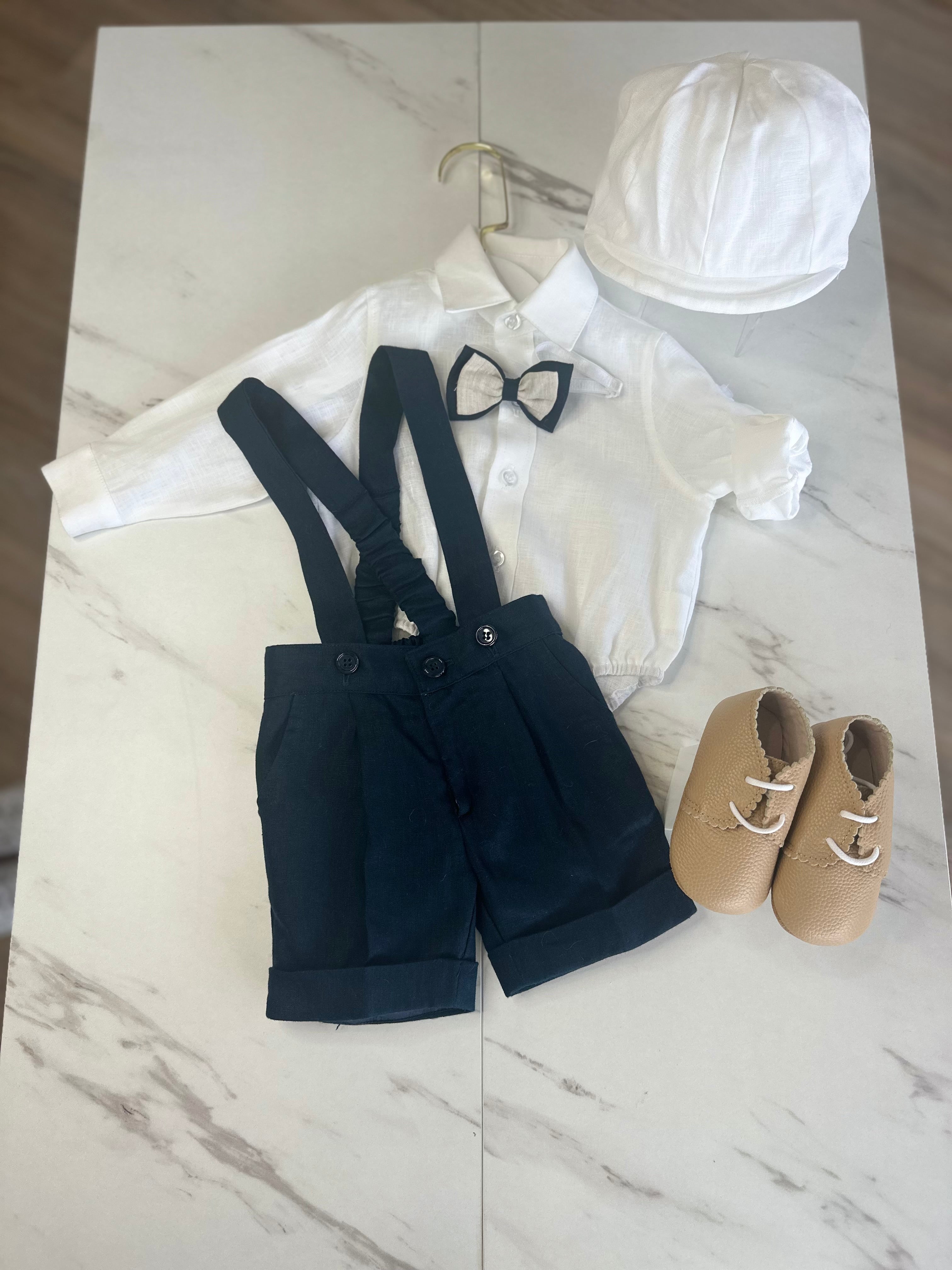 Reiley Navy Linen shorts with cuff and suspenders